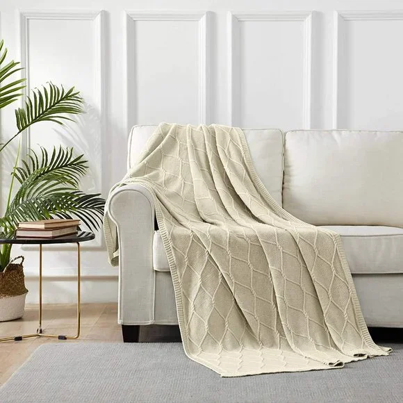 Luxury Cotton Knitted Cable Throw Blanket Cream - Picture 6 of 7